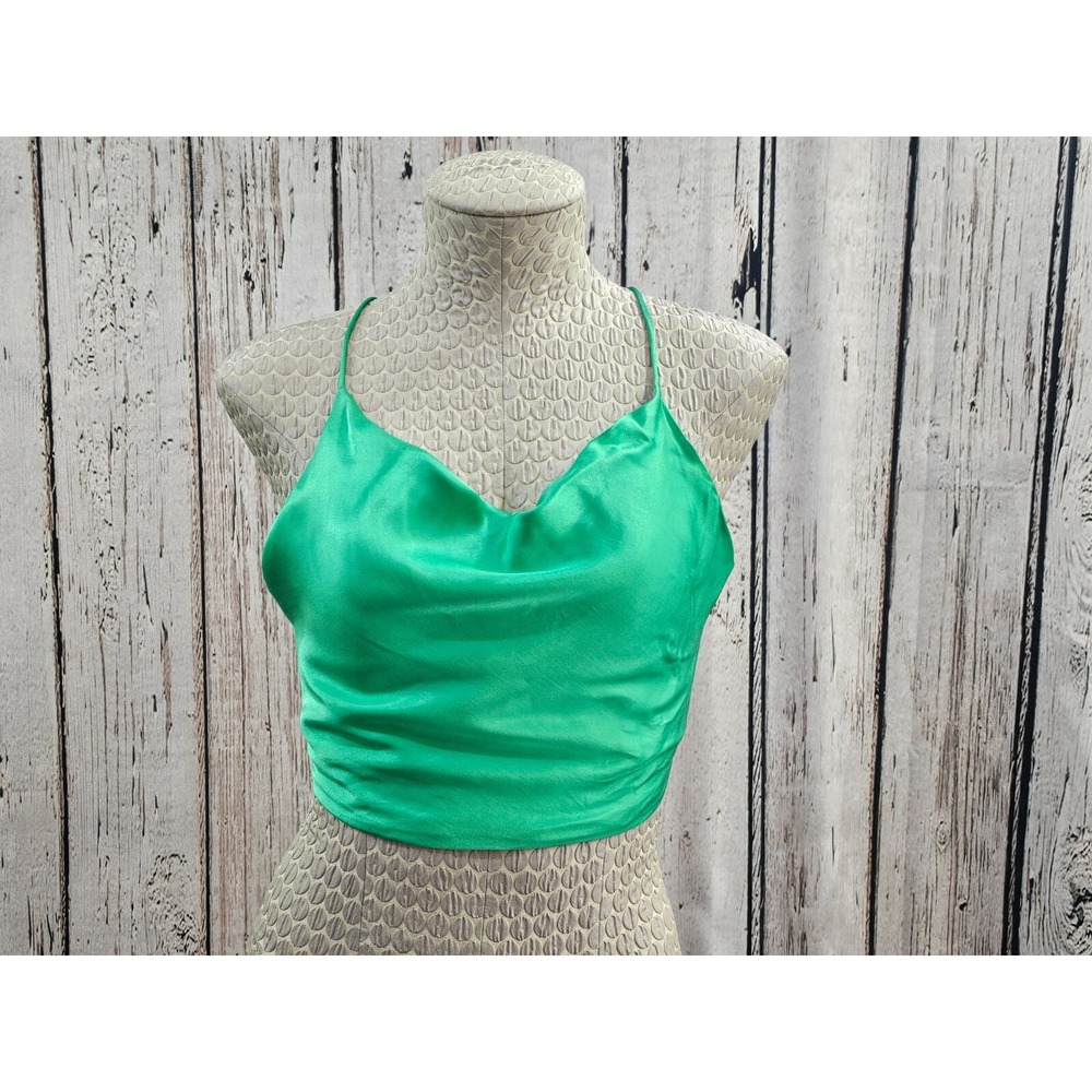 ZARA‎ Women's M Silky Green Cowl Neck Cropped Tie Back Blouse Tank Top Shirt EUC